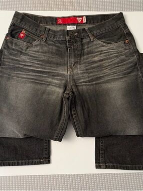 Guess Men’s Black Faded Denim Shorts with Whiskering